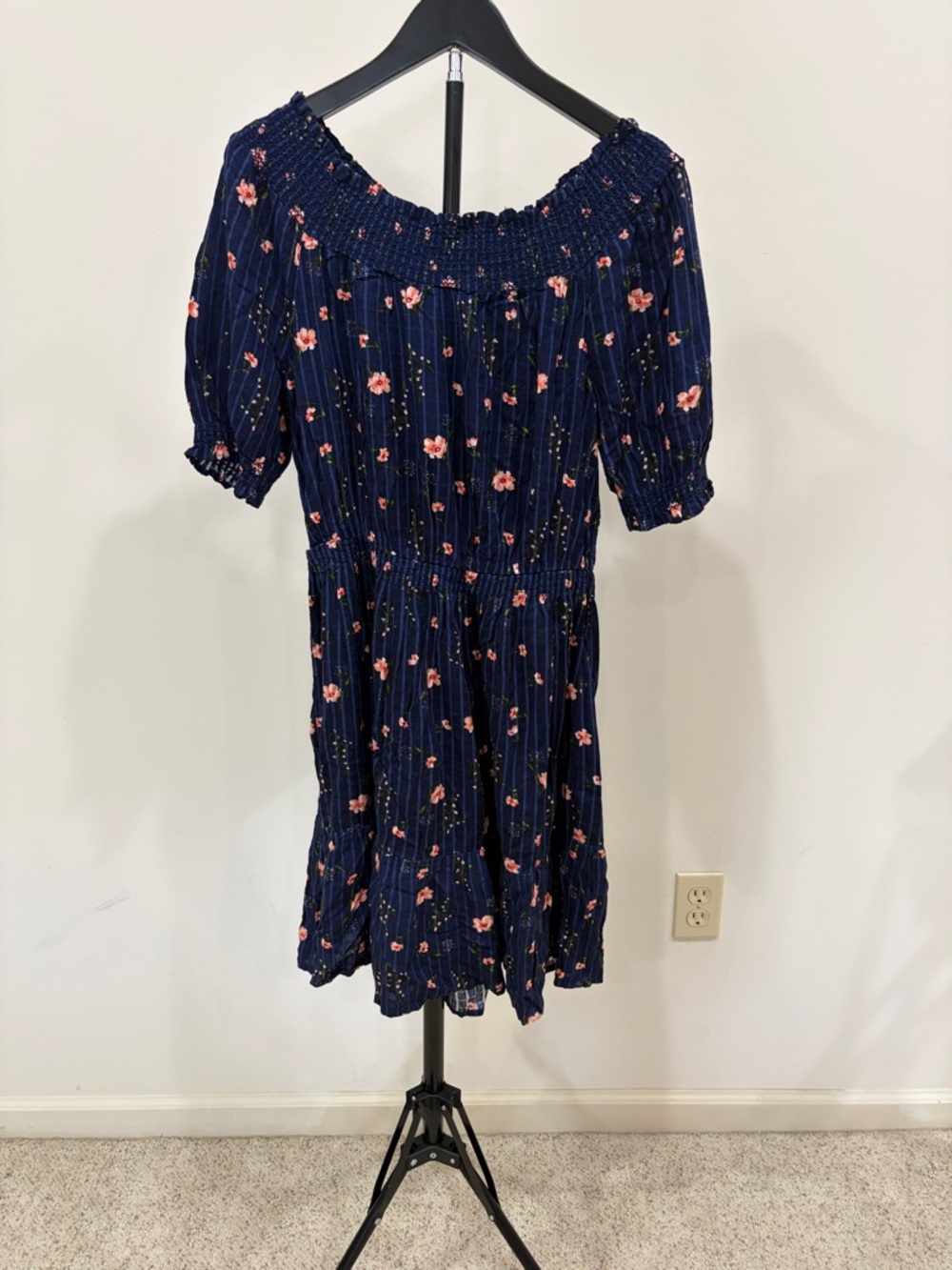 Women Navy Blue Floral Smocked Dress